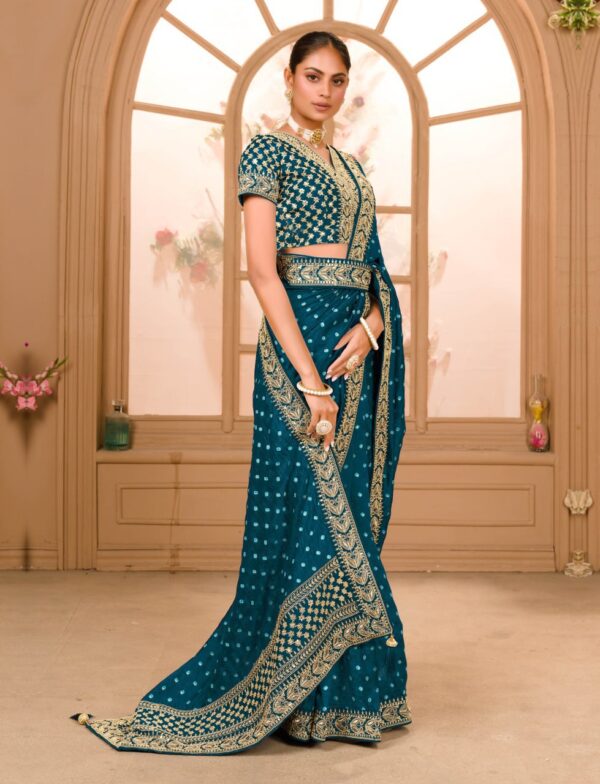 Blue COLOUR ZARI SEQUENCE WORK DESIGNER SAREE WITH BLOUSE - Image 5