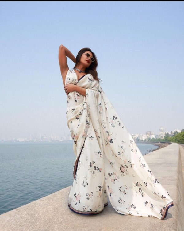 japan satin silk Saree work digital print saree - Image 5