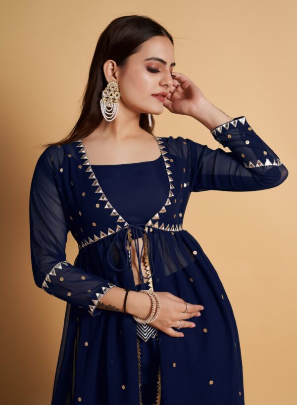 Blue Hand Embroidered Kurta & Palazzo With Dupatta - Image 2