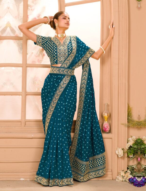 Blue COLOUR ZARI SEQUENCE WORK DESIGNER SAREE WITH BLOUSE - Image 3