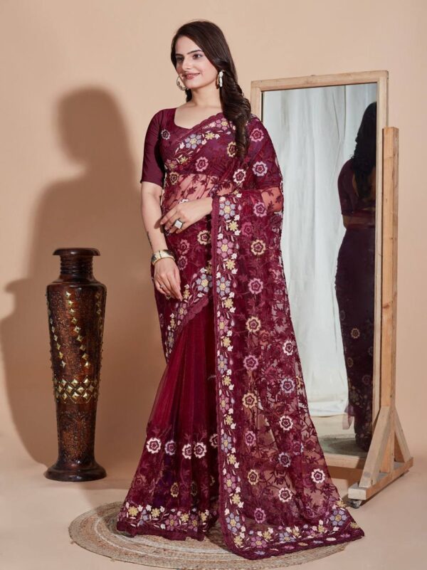 Butterfly Soft Net fabric with Embroider work and Multi work cut border Saree - Image 2