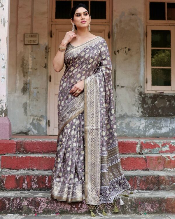 Mauve Taupe Pure Silk Digital Printed Saree - Image 8