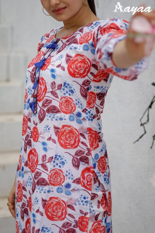 Digital Printed Muslin Cotton Straight Kurta Set in Off White and Red - Image 2