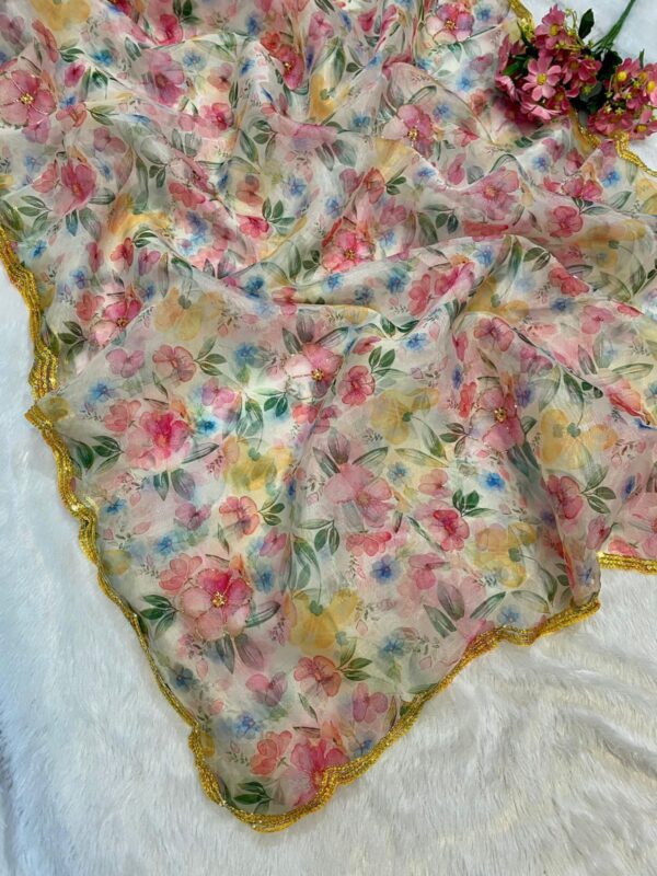 Pink Hand-embroidered Organza Silk Saree - Image 4