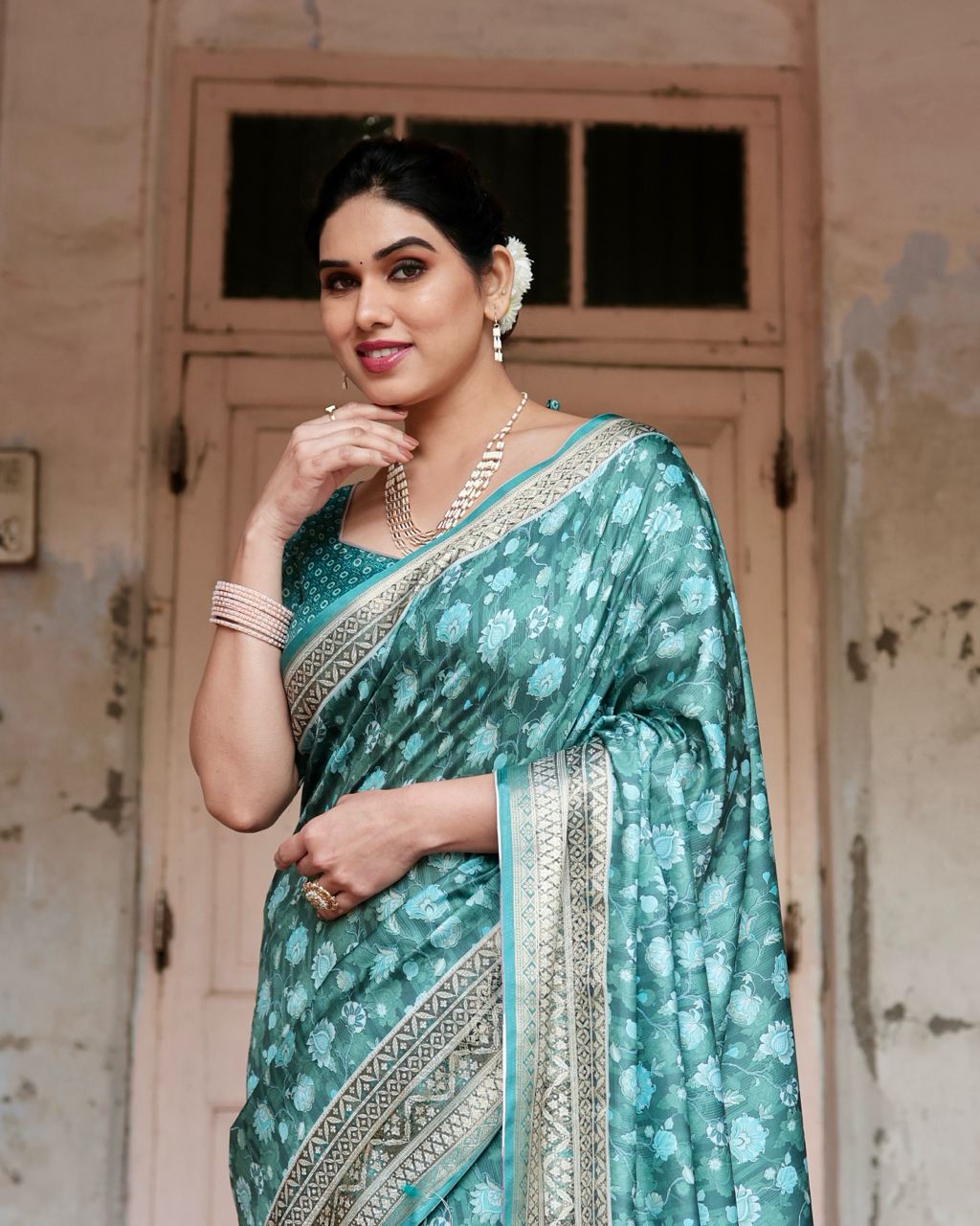 Pure Silk Saree With Digital Print and Blouse in Green Indian Silk Saree - Image 9