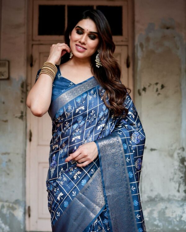 Navy Blue Color Pure Silk Digital Printed Party Wear Saree - Image 2