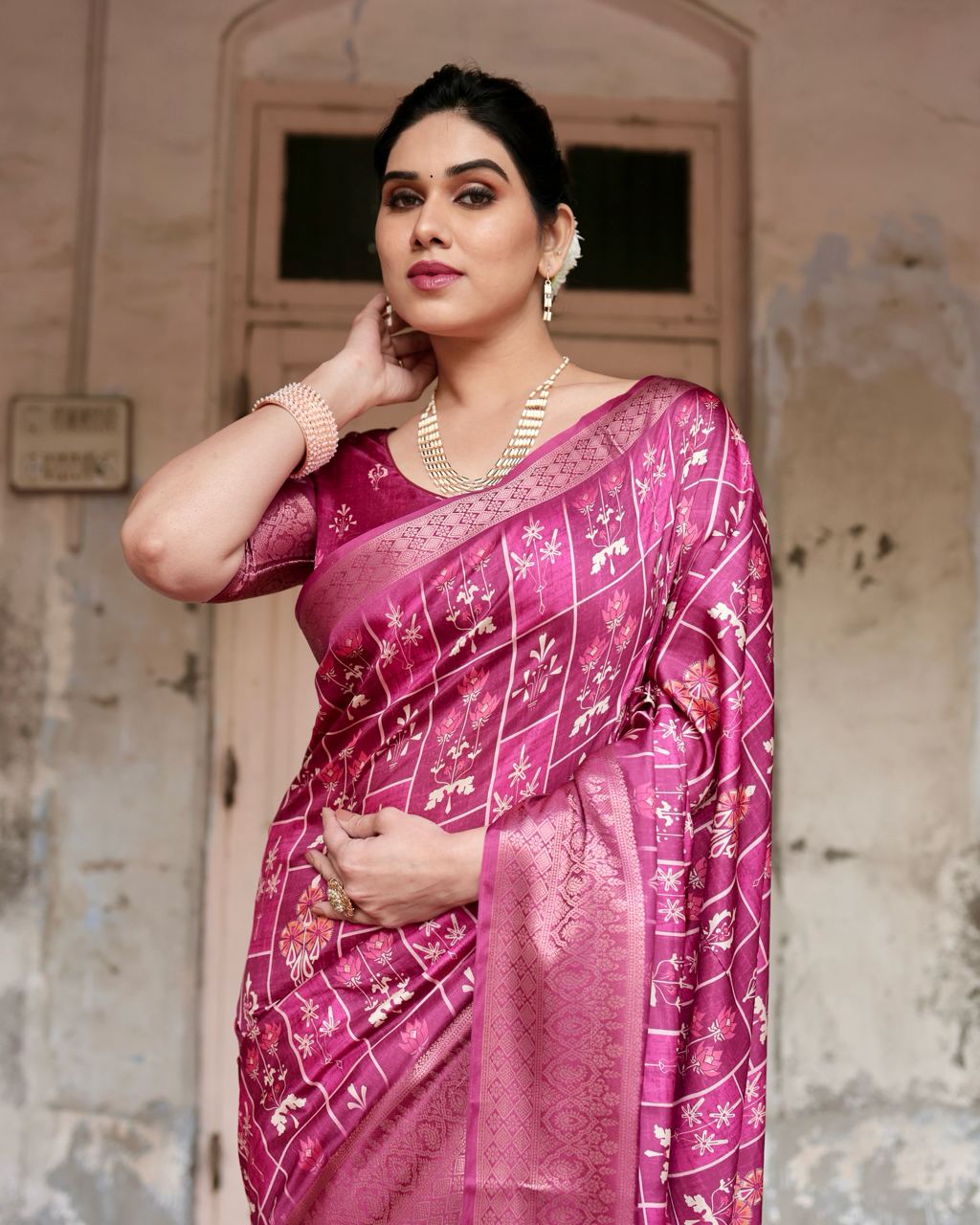 Rani Color Pure Silk Digital Printed Party Wear Saree - Image 6