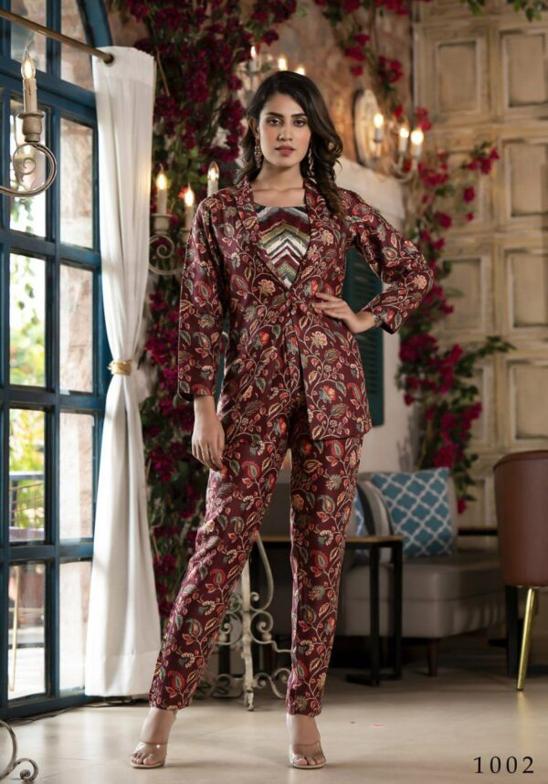 Digital Printed Satin Crop Top Set With Jacket in Navy Blue - Image 4