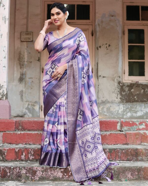 Lavender Peach Digital Print Dolla Silk Party Wear Ethnic Saree With Blouse - Image 8