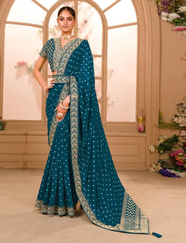 Blue COLOUR ZARI SEQUENCE WORK DESIGNER SAREE WITH BLOUSE - Image 6