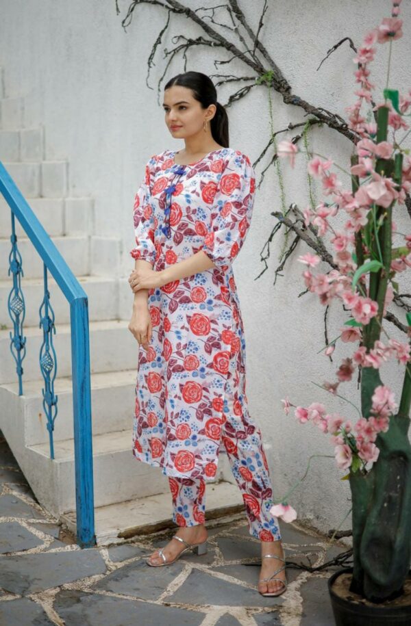 Digital Printed Muslin Cotton Straight Kurta Set in Off White and Red - Image 3