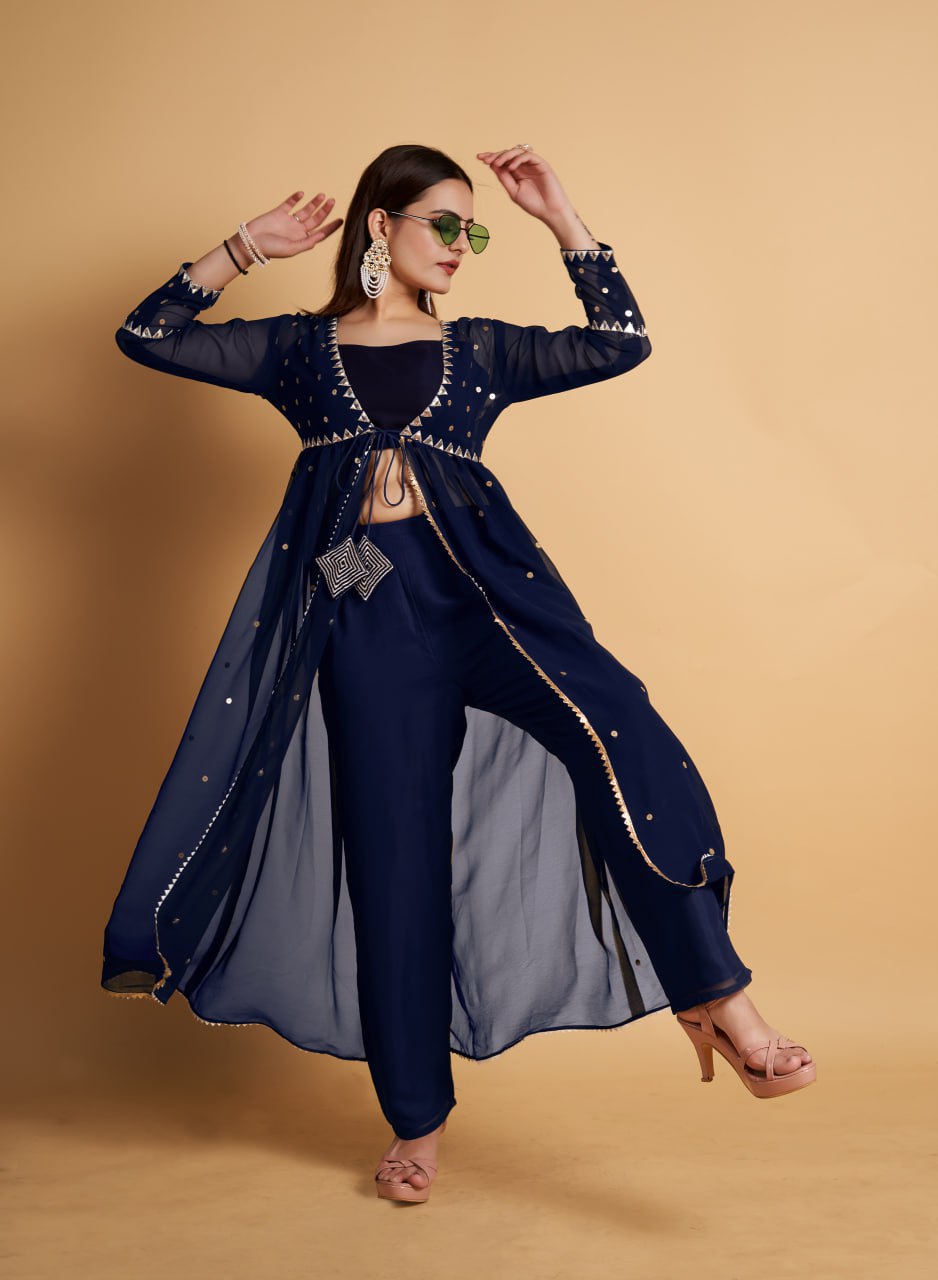 Blue Hand Embroidered Kurta & Palazzo With Dupatta