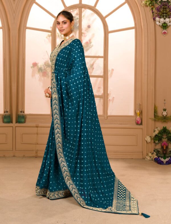 Blue COLOUR ZARI SEQUENCE WORK DESIGNER SAREE WITH BLOUSE - Image 2