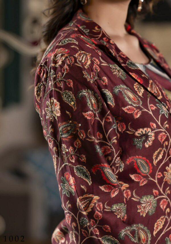 Digital Printed Satin Crop Top Set With Jacket in Navy Blue - Image 2