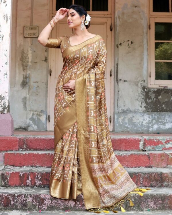 Golden Pure Silk Digitally Digital Printed Party Wear Saree - Image 2