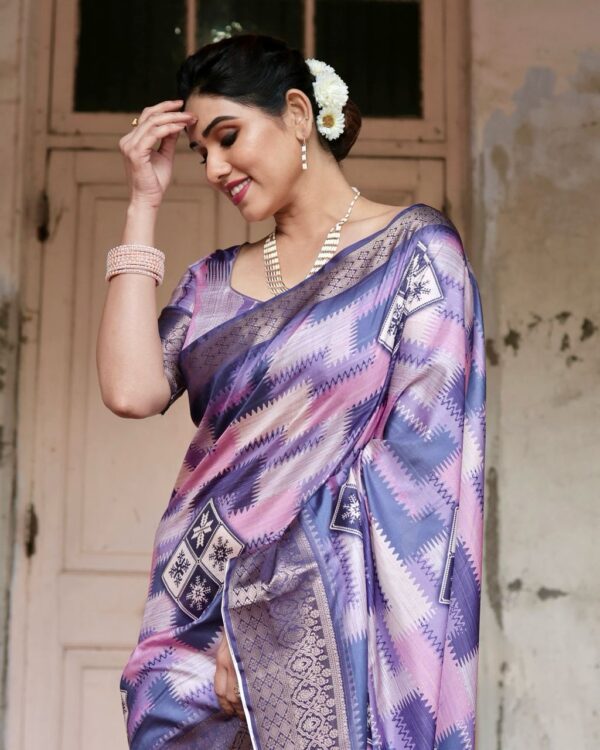 Lavender Peach Digital Print Dolla Silk Party Wear Ethnic Saree With Blouse - Image 2