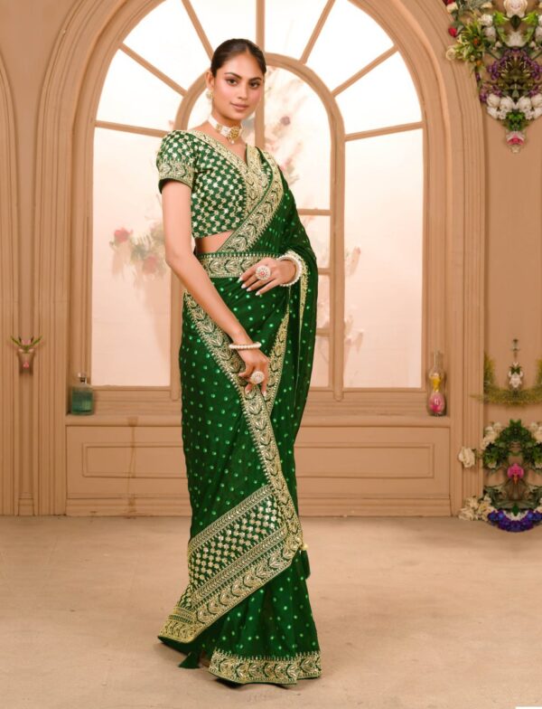GREEN COLOUR ZARI SEQUENCE WORK DESIGNER SAREE WITH BLOUSE - Image 2