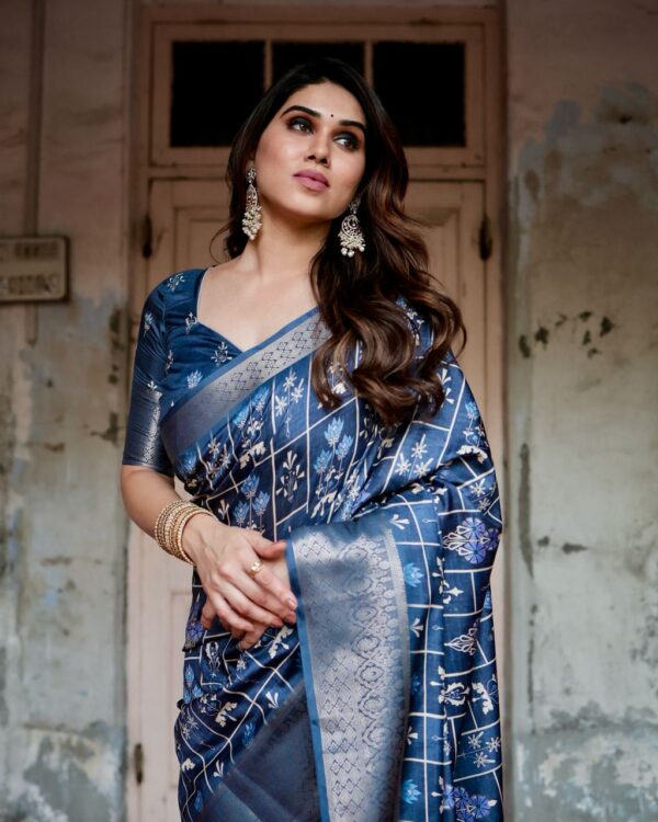 Navy Blue Color Pure Silk Digital Printed Party Wear Saree - Image 6