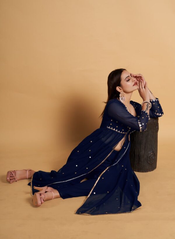 Blue Hand Embroidered Kurta & Palazzo With Dupatta - Image 5