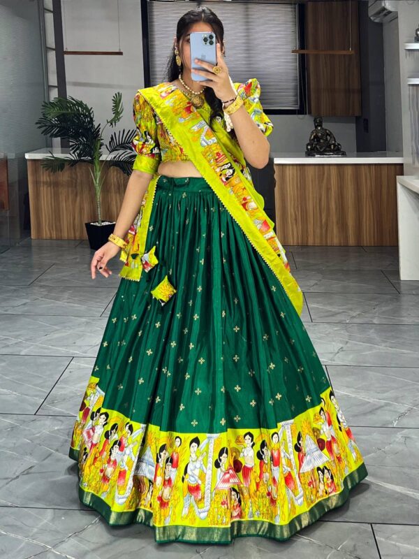 Gorgeous Green Kalamkari Printed silk Festive Wear Lehenga Choli - Image 3