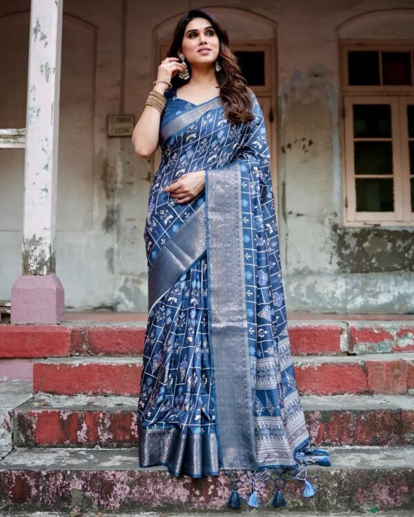 Navy Blue Color Pure Silk Digital Printed Party Wear Saree - Image 9