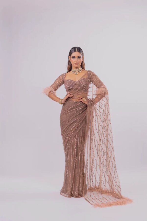 Hand Embroidered Saree with Feathers - Image 7
