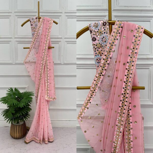 Khushi kapoor pink georgette sequence mirror work designer bollywood saree - Image 8