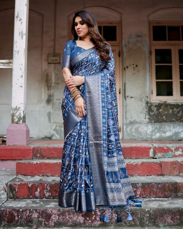 Navy Blue Color Pure Silk Digital Printed Party Wear Saree - Image 5