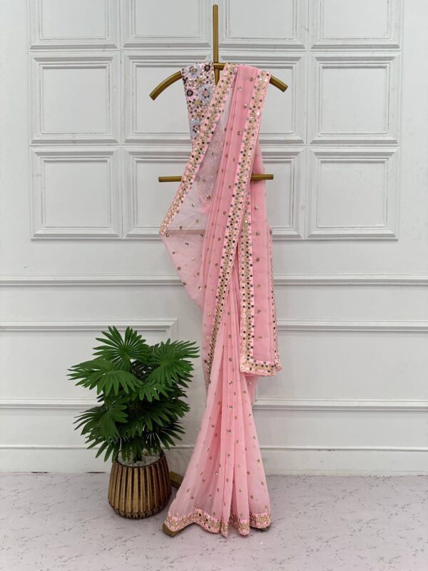 Khushi kapoor pink georgette sequence mirror work designer bollywood saree - Image 5