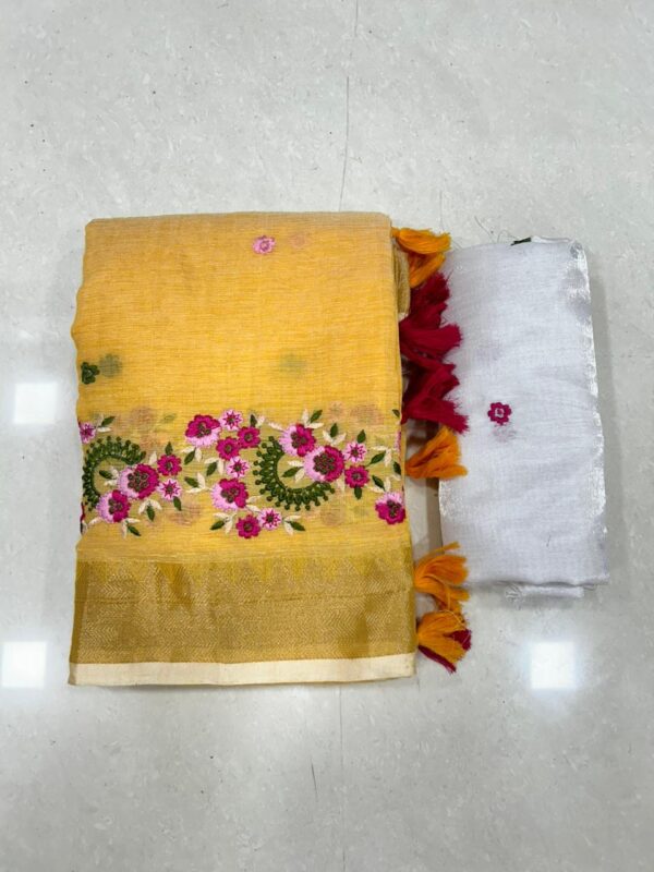 Embroidery Soft Linen Designer Sarees - Image 4