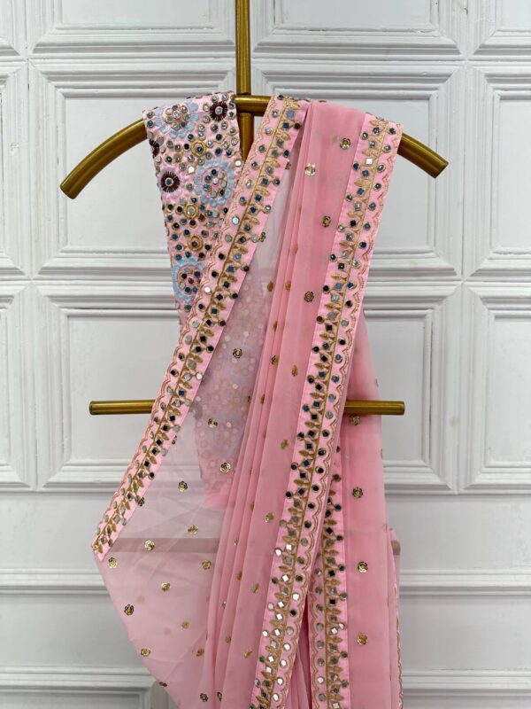 Khushi kapoor pink georgette sequence mirror work designer bollywood saree - Image 6