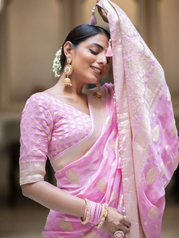 Baby Pink Banarasi Khaddi Weaved Georgette Saree - Image 2