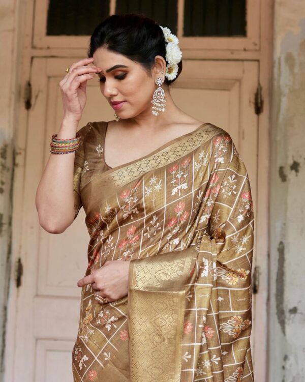 Golden Pure Silk Digitally Digital Printed Party Wear Saree - Image 9