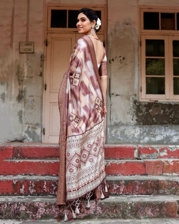 Brown Green Digital Print Dolla Silk Party Wear Ethnic Saree With Blouse - Image 5