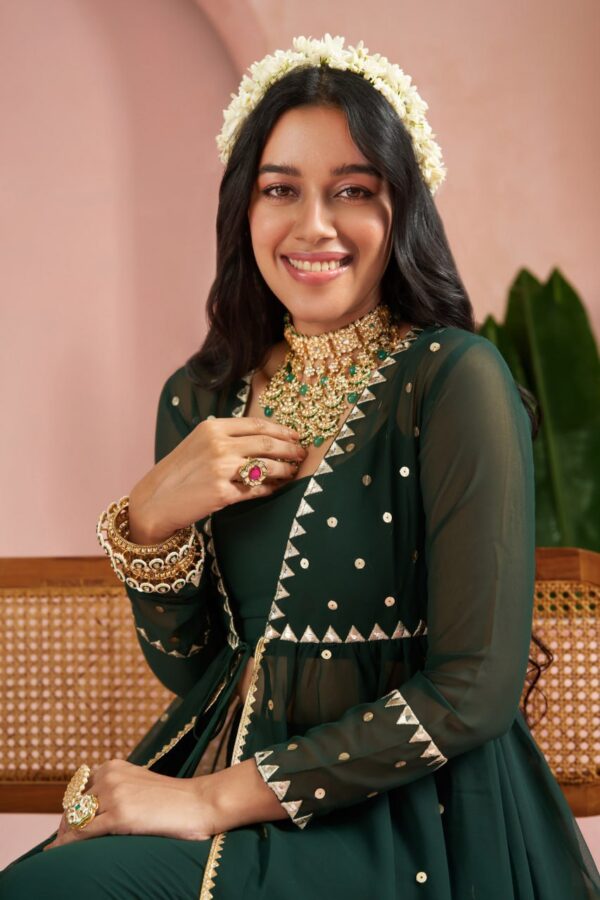 Emerald Green Hand Embroidered Kurta & Palazzo With Dupatta - Image 6