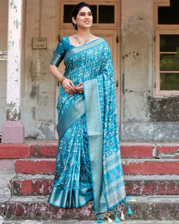 Sky Blue Color Pure Silk Digital Printed Party Wear Saree - Image 8