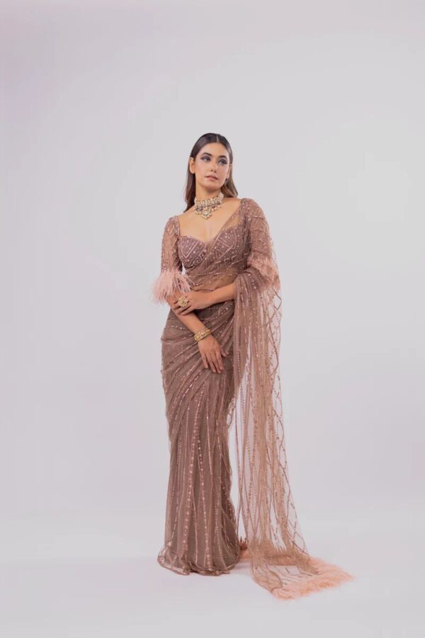 Hand Embroidered Saree with Feathers - Image 9