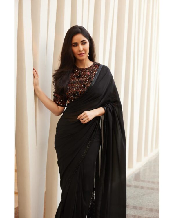 Black georgette Saree work : black sparkle lace border on saree