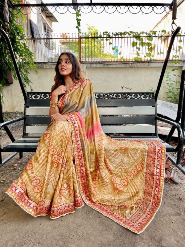 Beige color dola silk saree with printed and sequence work