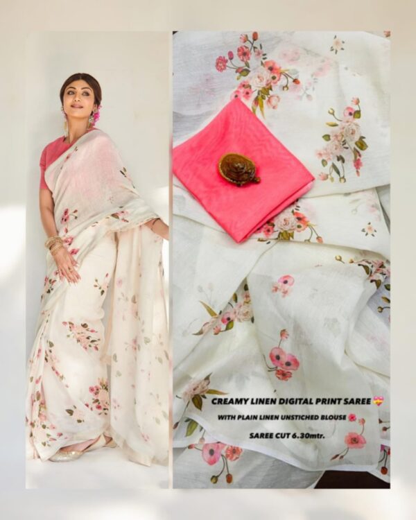 CREAMY LINEN DIGITAL FLOWER PRINTED SAREE - Image 4