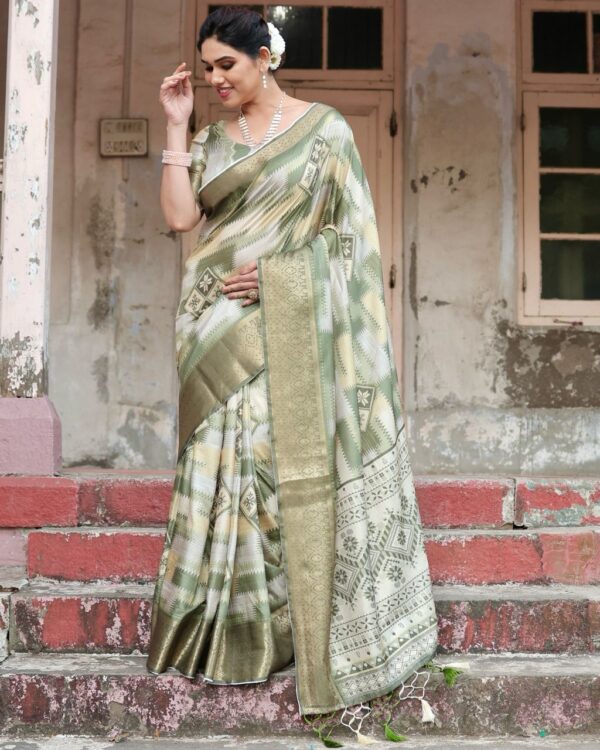 Green Digital Print Dolla Silk Party Wear Ethnic Saree With Blouse