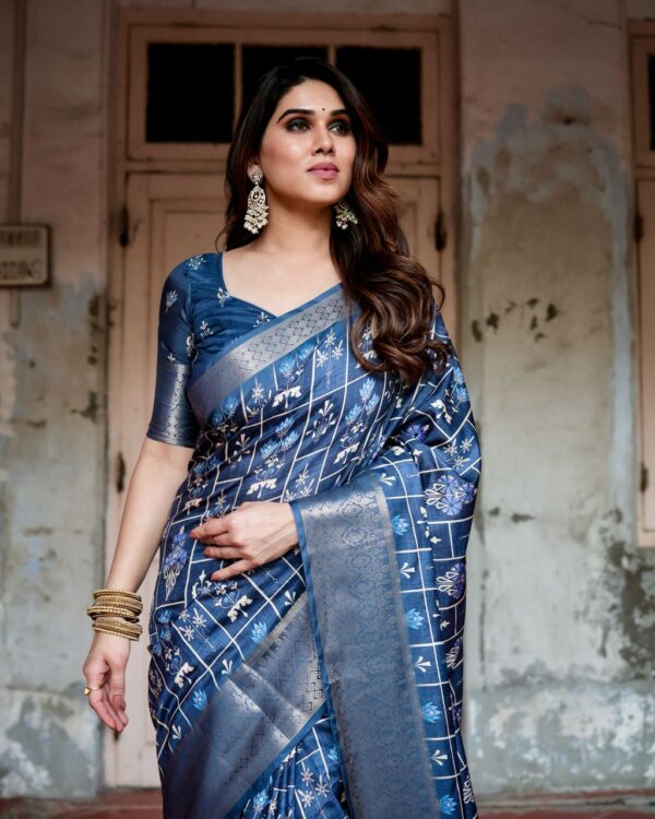 Navy Blue Color Pure Silk Digital Printed Party Wear Saree - Image 8