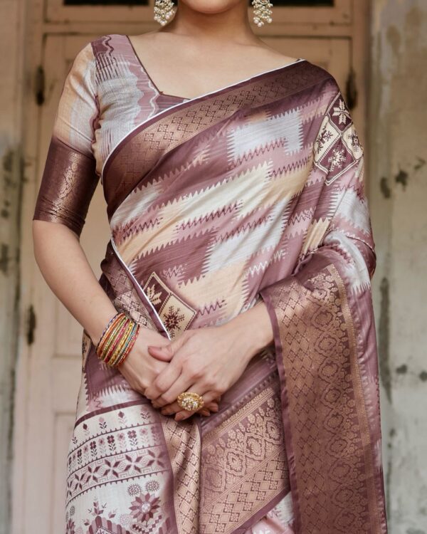 Brown Green Digital Print Dolla Silk Party Wear Ethnic Saree With Blouse - Image 7