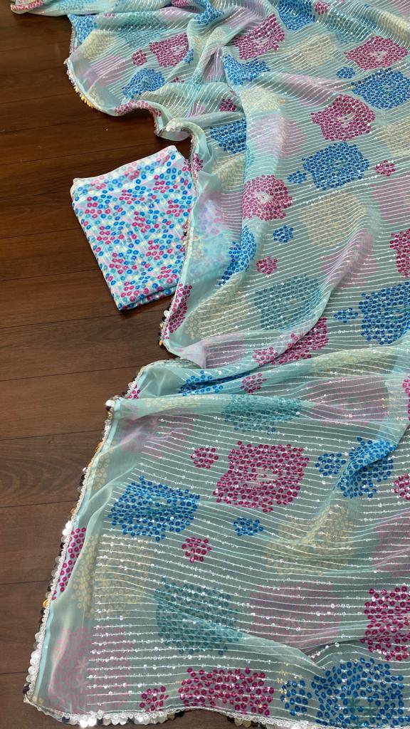 Sea Blue Color Georgette Party Wear Saree - Image 6