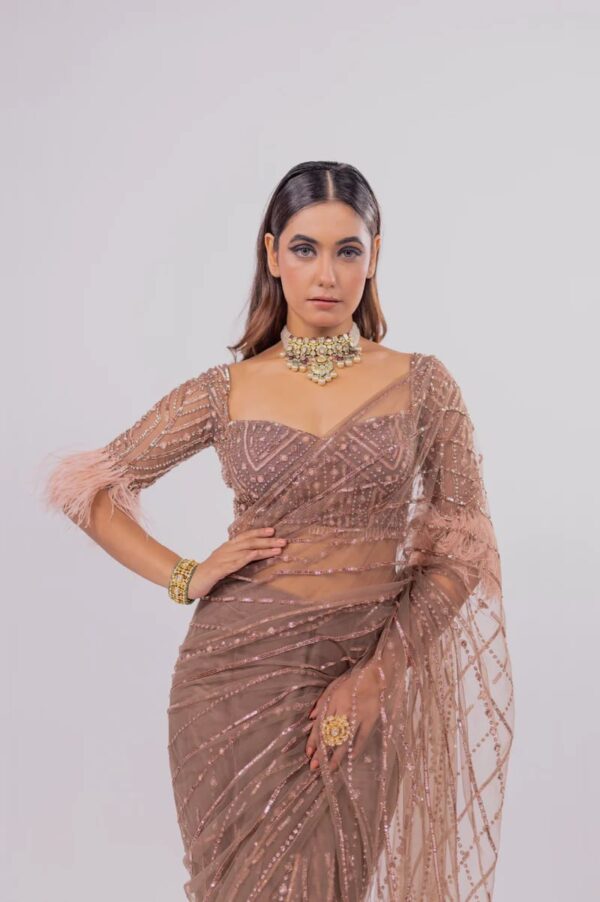 Hand Embroidered Saree with Feathers - Image 4
