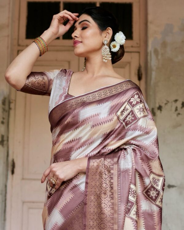 Brown Green Digital Print Dolla Silk Party Wear Ethnic Saree With Blouse - Image 4