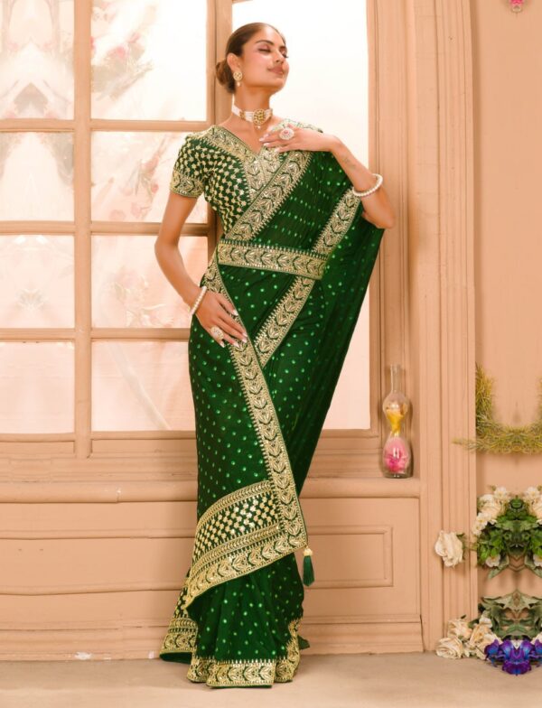 GREEN COLOUR ZARI SEQUENCE WORK DESIGNER SAREE WITH BLOUSE - Image 4