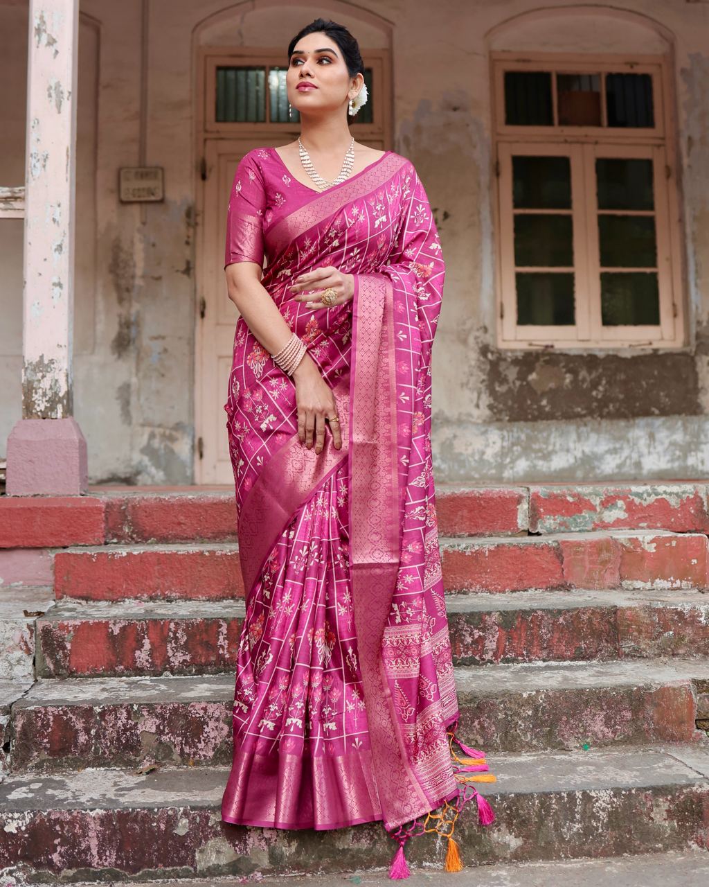 Rani Color Pure Silk Digital Printed Party Wear Saree - Image 10