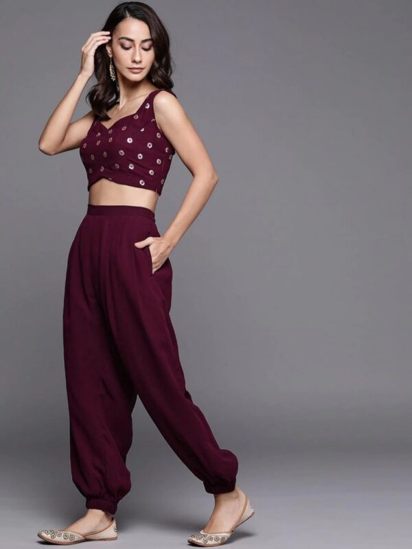 Maroon Embroidered Georgette Straight Top With Salwar & Shrug - Image 2