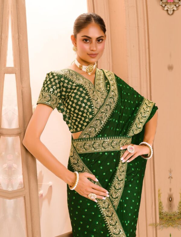 GREEN COLOUR ZARI SEQUENCE WORK DESIGNER SAREE WITH BLOUSE - Image 7